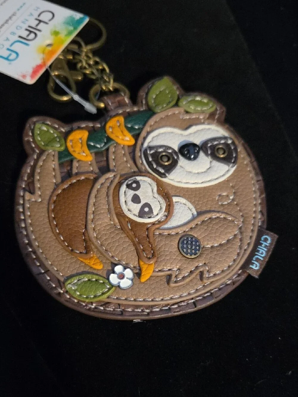 Chala Brown Sloth Family Keychain Wallet with Green & Yellow Accents